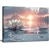 Zen White Lotus Wall Art Sunrise Meditation Canvas Wall Decor Spa Yoga Still Life Painting Prints Relaxing Spiritual Just Breathe Aesthetic Posters Pictures Modern Spiritual Inspiration Framed