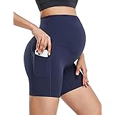 HOFISH Women's Maternity Yoga Shorts Over The Belly Summer Active Workout Running Pants Pockets Navy Blue S