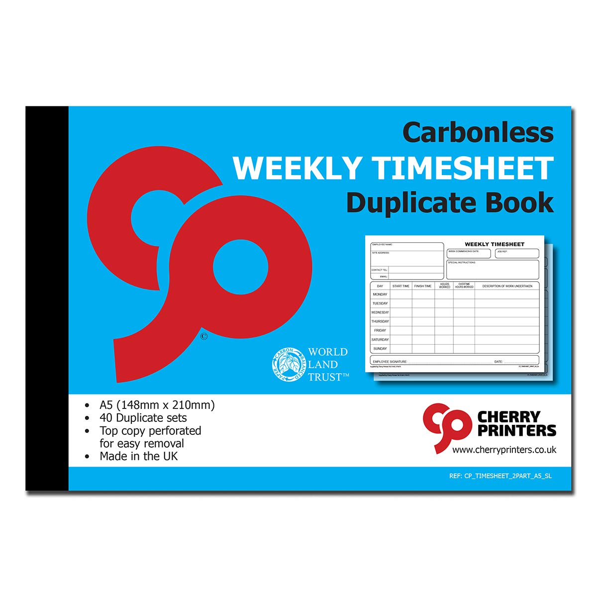 Cherry Weekly Timesheet Duplicate Book A5 S+L | 40 Carbonless Duplicate Sets | Perforated Top Copy for Easy Removal | Record Working Hours Overtime & Tasks | for Businesses Contractors & Freelancers