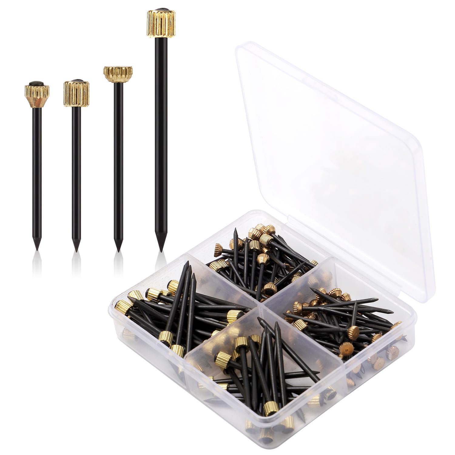 120pcs Picture Hanging Nails, Steel Pin & Brass Head Picture Frame Nails with Plastic Box 4 Size Picture Decorative Hangers for Pictures Mirrors Baskets