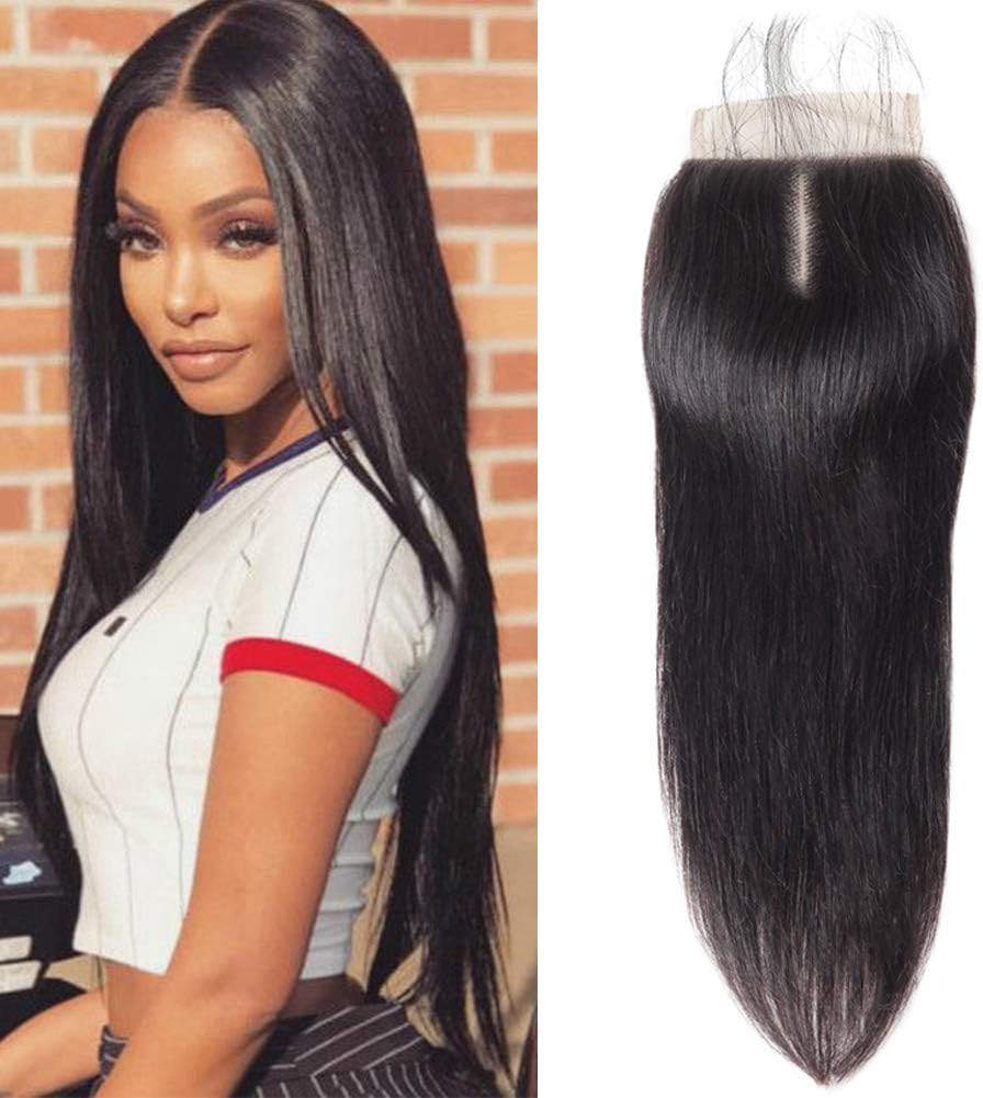 TIANTAI 8A Brazilian Remy Virgin Human Hair 16 inch 4" X 4" Swiss Lace Closure Middle Part Straight Pre Plucked Human Hair With Baby Hair Bleached Knots Natural Color