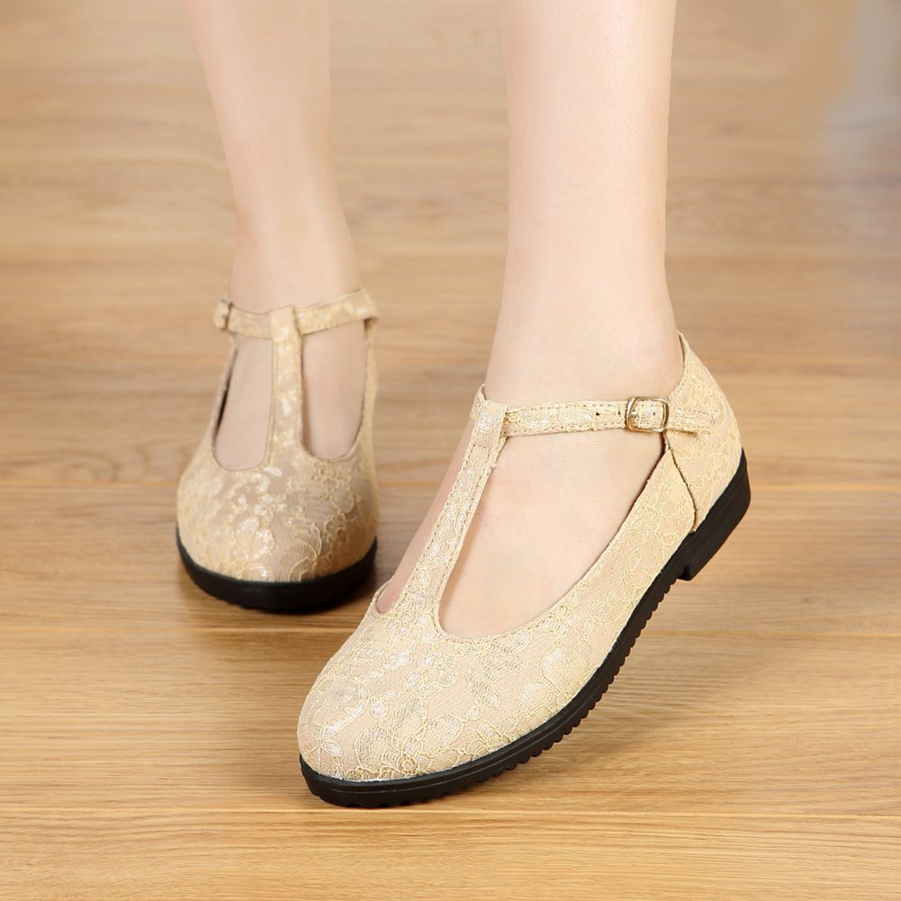 getmorebeauty Women's Beige Mary Janes Flats T Straps with Lace Wedding Shoes Low Heel Shoes (US 8, Beige) - Image 6