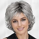 Tseses Short Gray Wigs for Women with Bangs Dark Roots Pixie Cut Wig Layered Synthetic Hair Wigs for Daily Use