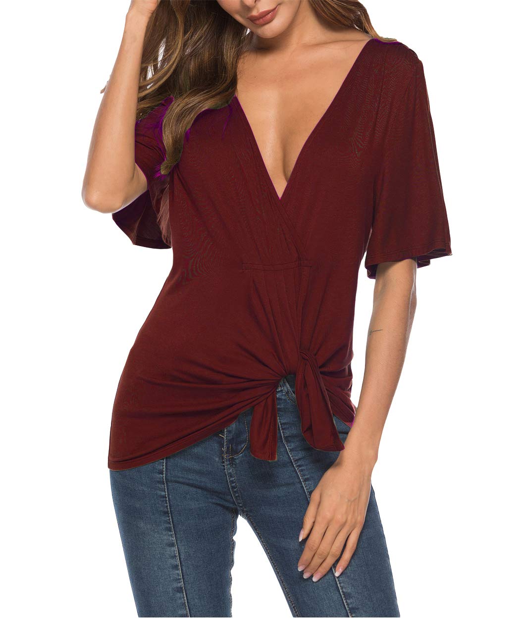 Eanklosco V Neck Shirts Womens Sexy Short Sleeve Cold Shoulder Tops Unique Ruffle Front Side Slit T Shirts (M, Wine Red)