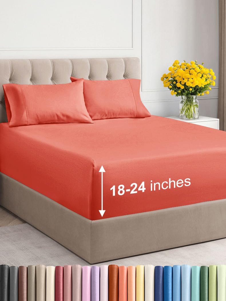 Photo 1 of Extra Deep Pocket King Sheets - 4 Piece Breathable & Cooling Bed Sheets - Hotel Luxury Bed Sheet Set - Soft, Wrinkle Free & Comfy - Easily Fits Extra Deep Mattresses - Deep Pocket Coral Sheets Set