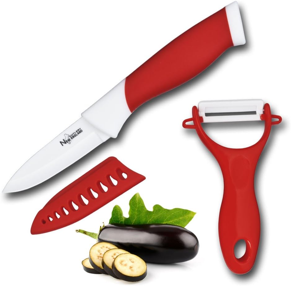New England Cutlery 3 Piece Ceramic Paring and Peeler Set, 3", Red, 3"