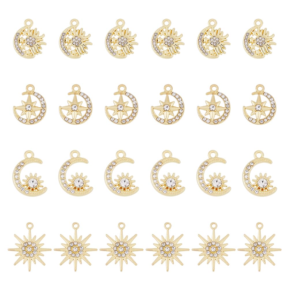DICOSMETIC 24pc 4-Style Alloy Sun Moon Star Charms, Golden Celestial Charms for Jewelry Making, Hole: 1.4-1.8mm