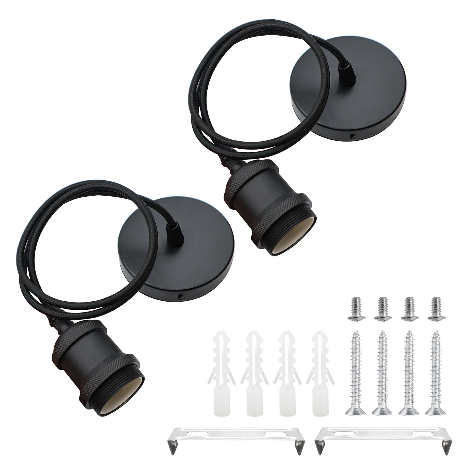 2 Pcs Ceiling Pendant Light Fitting E27 Rose Screw Lamp Holder Vintage Ceiling Rose Lamp Suspended with 100cm Braided Flex (Black)