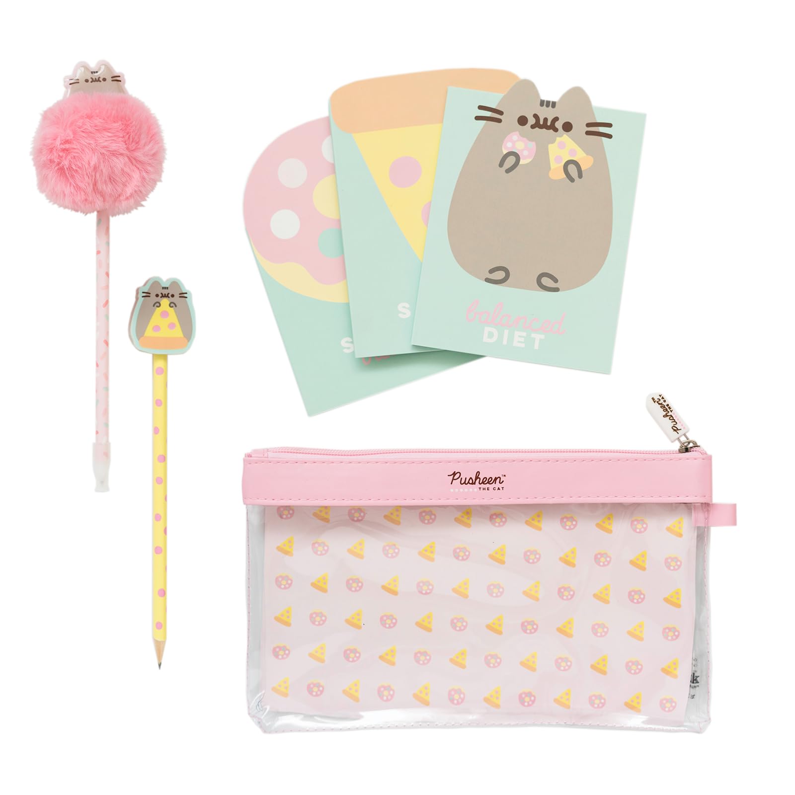 Grupo Erik Pusheen Stationery Set | Pencil Case With Pen With Pom Pom Topper, Pencil With Eraser Topper, 3 Notepads | Pusheen Gifts For Cat Lovers, Cat Stationery Gifts