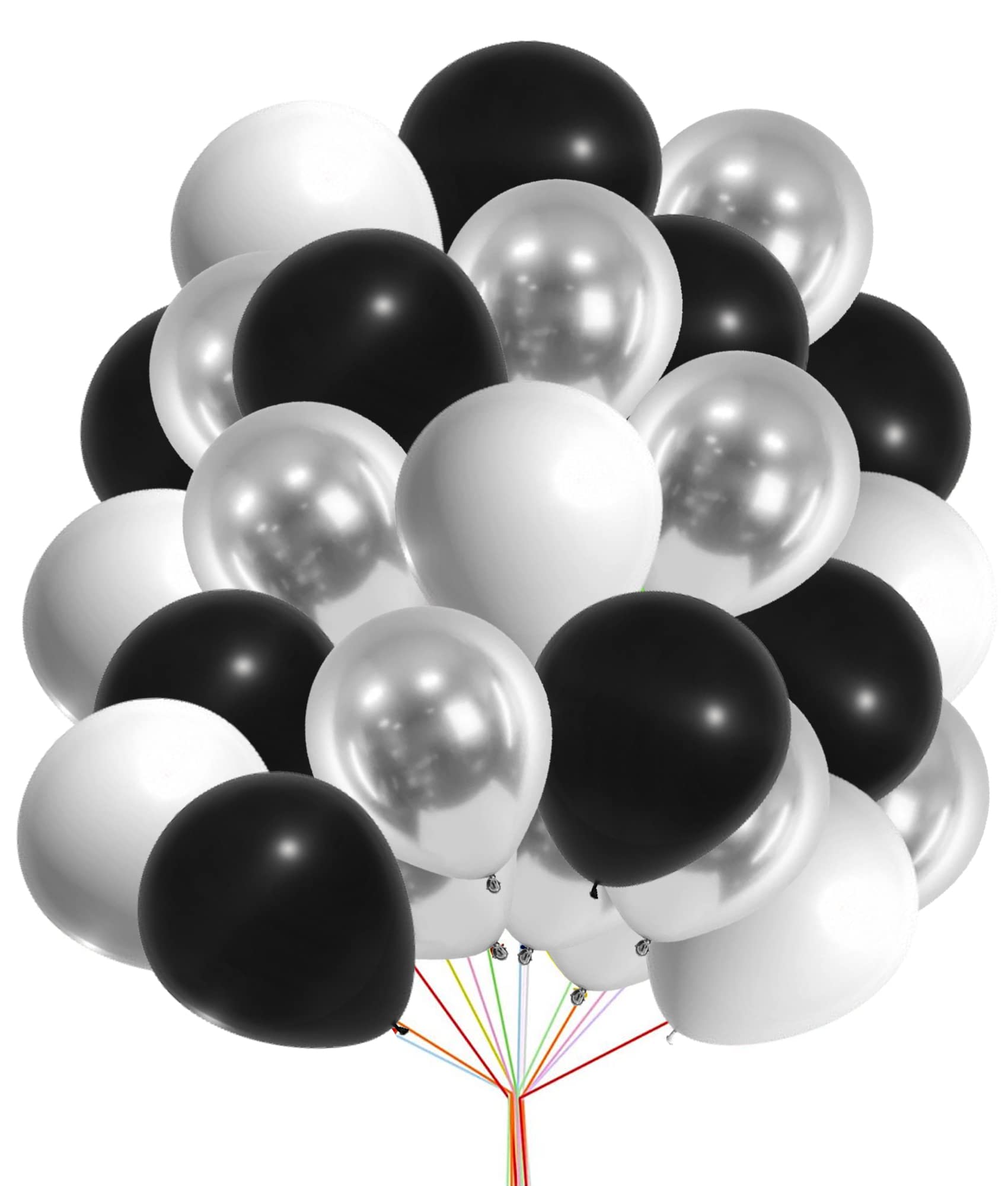 12" Latex Vibrant White, Black, Silver Colour Combination Plain Balloons For Party Decorations Valentines Day Pack of 30