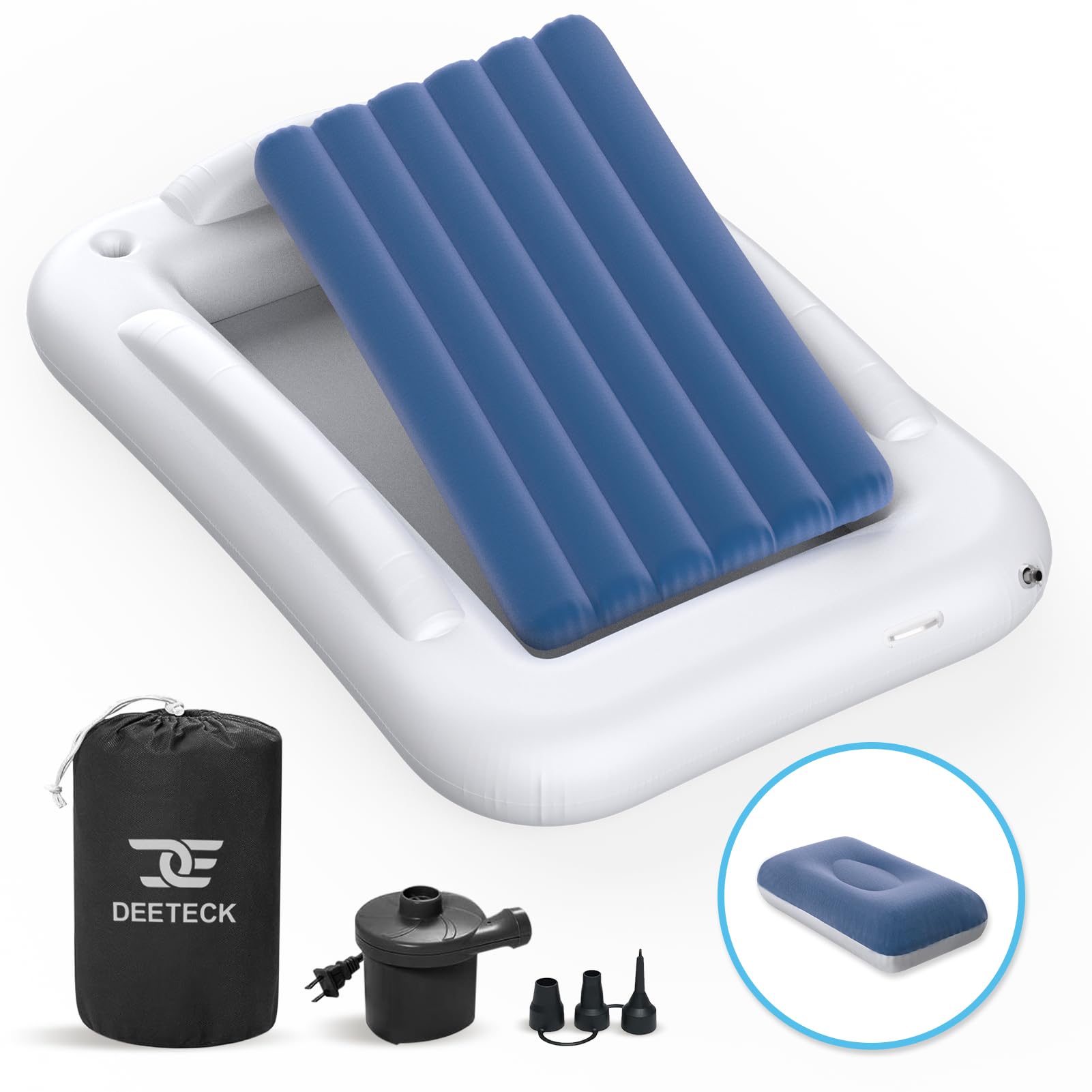 Inflatable Toddler Travel Bed - 60 Inches Portable Toddler Bed for Travel with Safety Sides - Cozy Kids Air Mattress Set with High-Speed Pump & Carry Case - Lightweight & Easy to Inflate -Blue