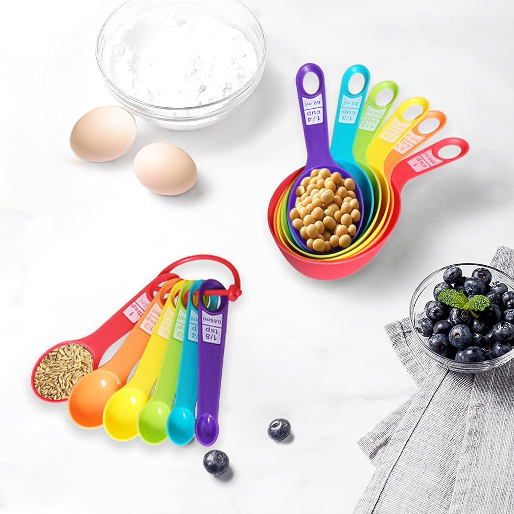 12 Piece Measuring Cups and Spoons Set, Colored Kitchen Measure Tools, Durable Nesting Cups and Spoons for Dry and Liquid, Dishwasher Safe: Kitchen & Dining