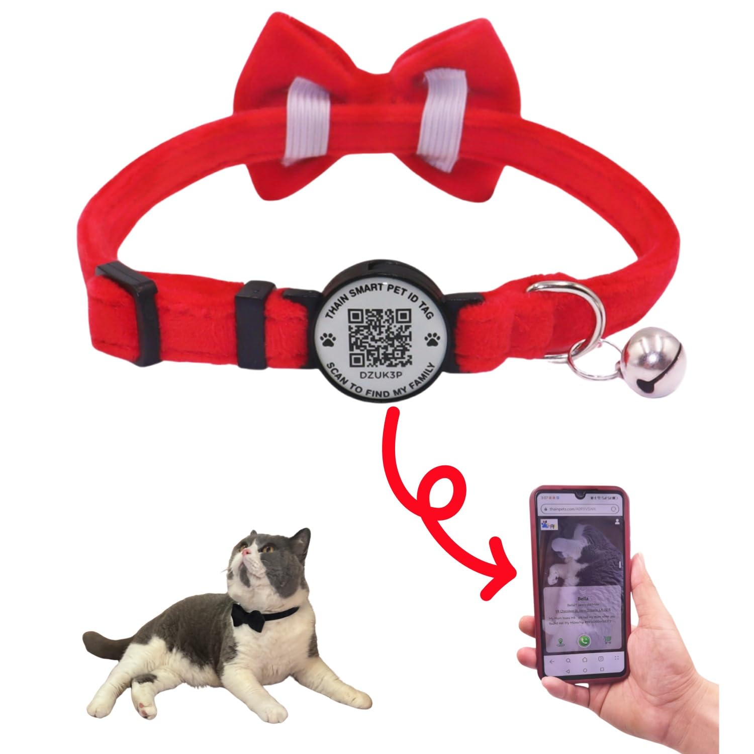 THAIN Personalised Cat Collar with bell and Bowtie Breakaway QR Code Name Smart ID tag quick release soft comfortable collar for cats and kittens (Red)