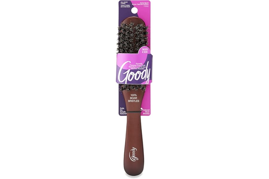 Goody Smooth and Sleek Wood Styling Brush with Natural Boar Bristles, Flyaway Free Finish, For All Hair Types, Brown, 1CT