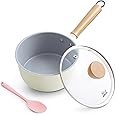 ROCKURWOK Ceramic Nonstick Sauce Pan with Lid, 1.5 Qt Small Pots for Cooking, Small Pot Wooden Handle for Cool Touch, Non Toxic & Pfas-Free Saucepan, Universal Base(Gas, Electric & Induction), White