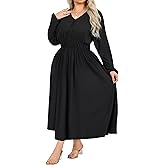 EDITCOZY Women Plus Size Wedding Guest Maxi Dresses Curvy Casual Long Sleeve V Neck Flowy Fall Long Dress