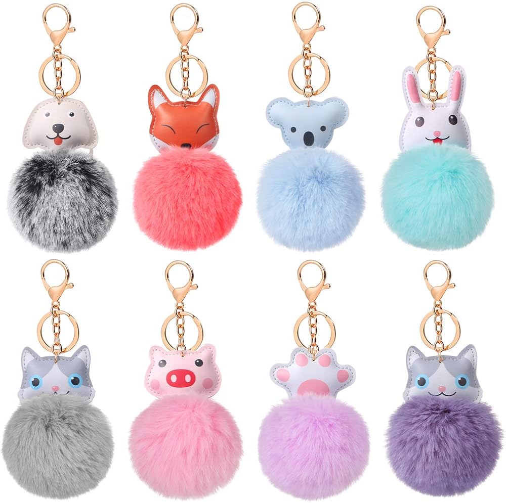 Auihiay 8 Pieces Animal Pom Poms Keychain Cute Fluffy Key Ring Faux Fur