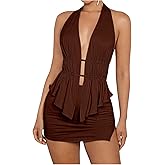 SHENHE Women's Sexy Outfits 2 Piece Y2k Backless Deep V Ruffle Halter Top Bodycon Slit Mini Skirt Set