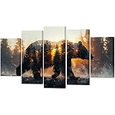 Muzenso 5 Panel Canvas Prints Bear and Forest Wall Art Sunset Nature Canvas Painting Wildlife Animal Artwork for Cabin Lodge Rustic Home Decor Stretched Ready to Hang