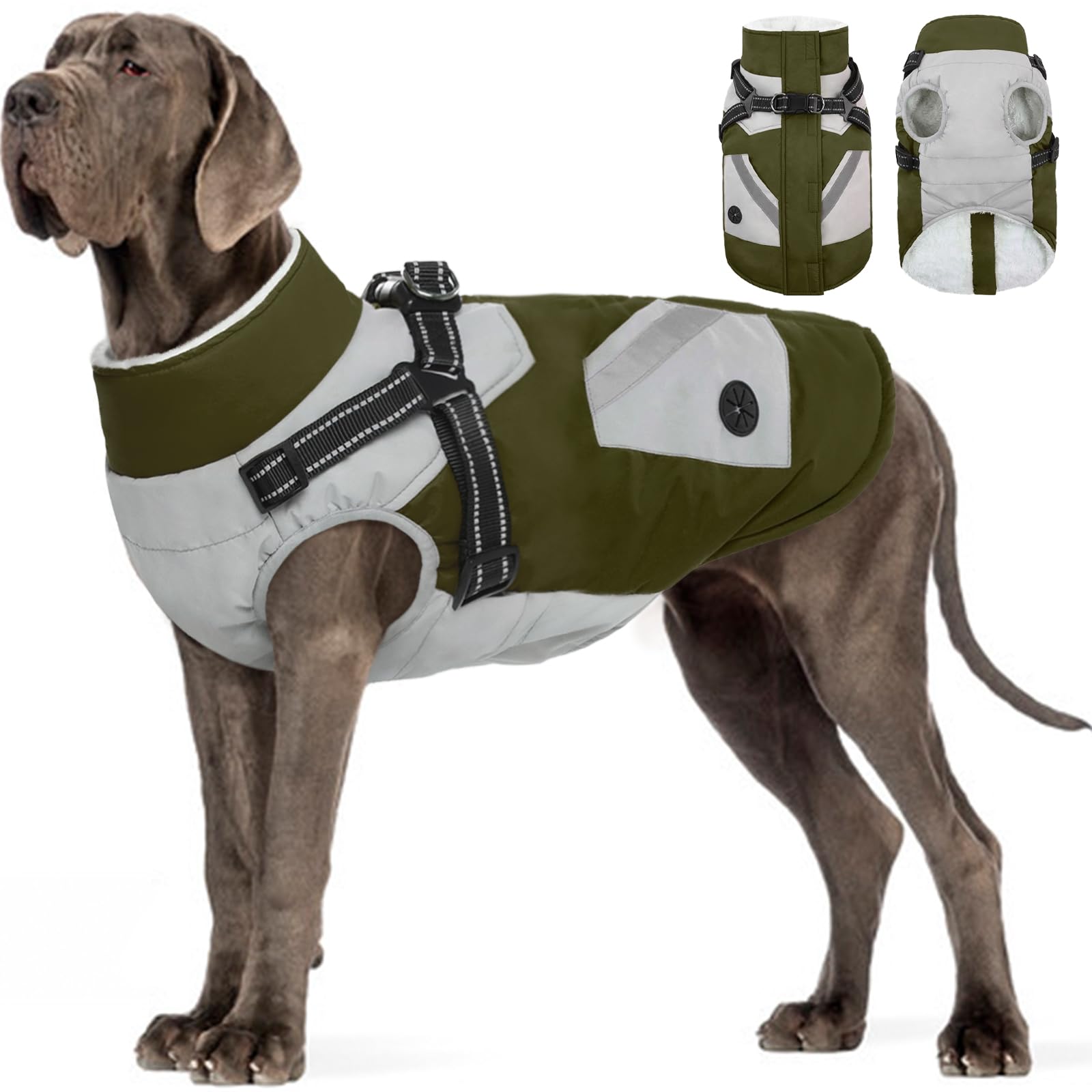 FUAMEY Dog Winter Jackets for Large Dogs,Dog Coat with Harness Built in,Waterproof Dogs Snowsuits Warm Pet Jacket Zip Up Fleece Cold Weather Coats Reflective Puppy Vest with Pocket Green 3XL Image