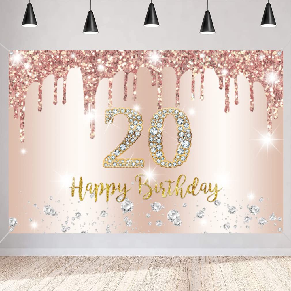 20th Birthday Decorations for Girl Women, Happy 20th Birthday Backdrop Banner, 20 Years Old Fabric Sign Poster Party Deor, Party Supplies Rosegold Photo Background, 150cm x 90cm