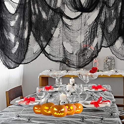 VGOODALL Halloween Spinnennetz Deko Set, Schwarz Spitze Spinnweben Dekoration mit 30 Spinnen für Karneval Halloween Kamin Fenster Tisch Tür Dekostoff