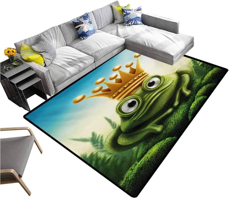 King Non Slip Carpet Frog Prince on Moss Stone with Crown Fairytale Inspired Cartoon Image Kids Carpet Forest Green and Yellow (4'x5')