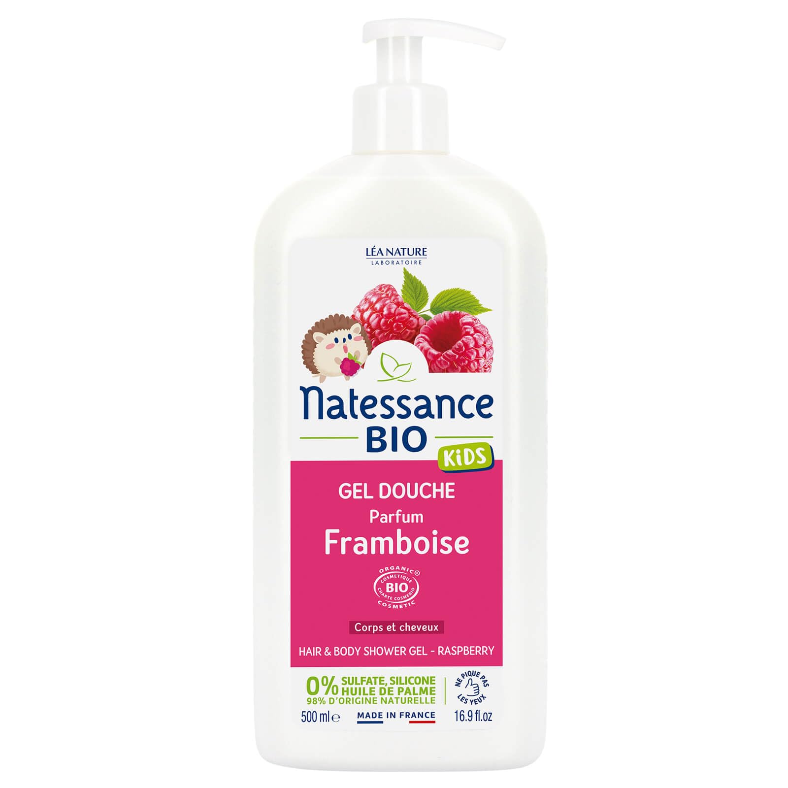 Natessance Raspberry Sulphate Free Organic Cosmetic Bio Kids Care Shampoo and Shower Gel for Kids, 500 ml