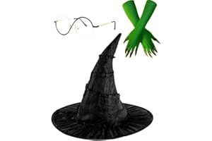 Babelshar 4 Pcs Witch Costume Glasses, Wicked Hat, Green Wicked Witch Gloves, Halloween Movie Cosplay Props Accessories for Women Role-Playing Party