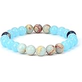 LINGYUAN Amazonite Bracelet for Women Men, Natural Blue Green Gemstone Beaded Bracelet for Calming, Communication & Inner Peace, Healing Crystal Jewelry Gift