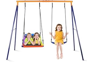 Lunafun Swing Set for Backyard, 440lbs Swing Set with Heavy-Duty A-Frame Metal Outdoor Stand, 1 Rectangle Platform Swing Seat & 1 Kids Swings Seat