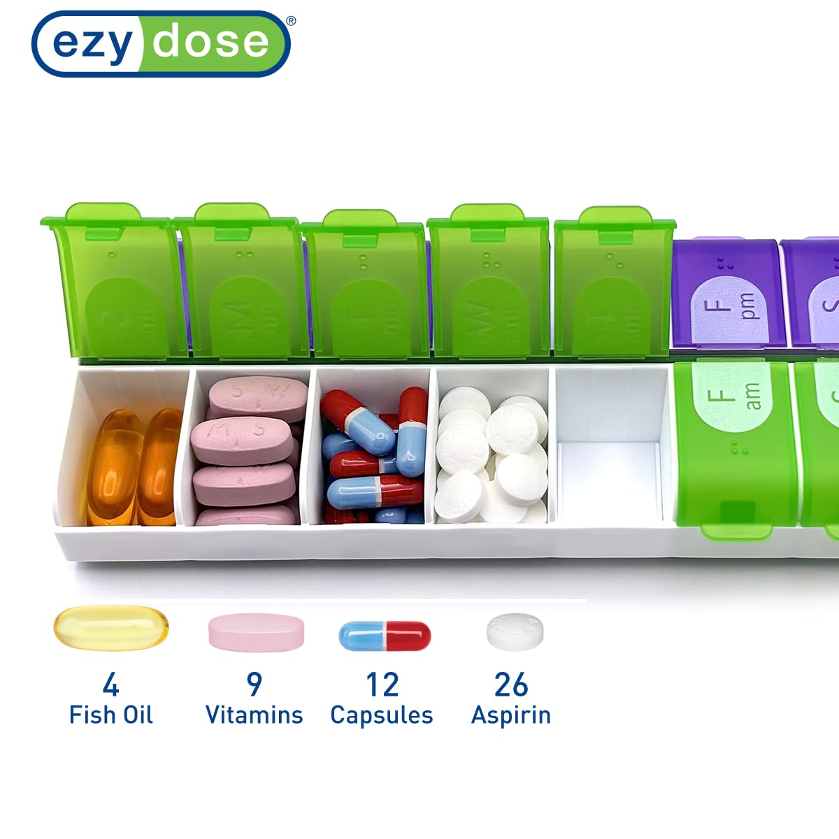EZY DOSE Easy Fill (7-Day) Pill, Medicine, Vitamin Organizer Box | Weekly, 2 Times a Day, AM PM | Large Compartments | Colored Lids, 1 Count