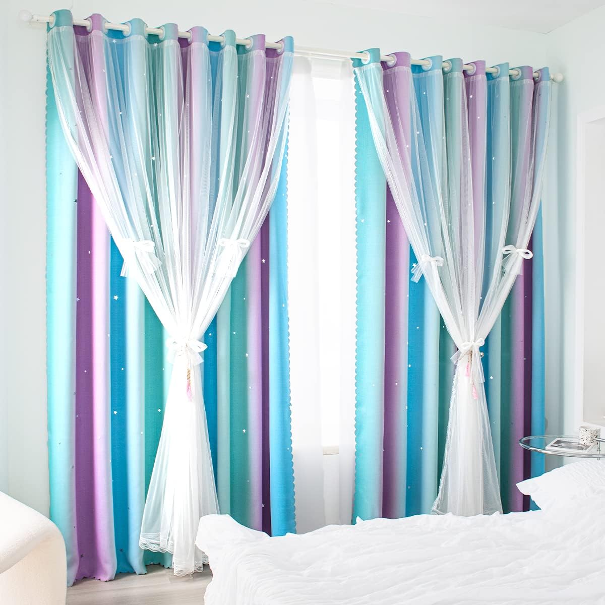Kids' Room Décor - Yancorp Kids Curtains for Girls Bedroom Princess Curtains for Daughter Room 63 Inches Long Star Curtains with Tieback & 3 Bowties(Purple Teal Blue, W52 X L63),1 Panel