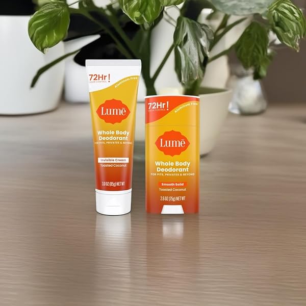 LUME WHOLE BODY DEODORANT – INVISIBLE CREAM TUBE AND SOLID STICK – 72 HOUR ODOR CONTROL – ALUMINUM FREE, BAKING SODA FREE, SKIN SAFE – 3.0 OUNCE 2.6 OUNCE BUNDLE (TOASTED COCONUT)