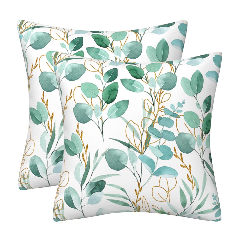 DILOXNSU Set of 2 Gold Green Eucalyptus Leaf Cushion Cover 45 x 45 Soft Velvet Double-Sided Modern Decor Square Pillow Cases for Sofa Bed Couch Outdoor Cushions Covers 18 x 18 Inch Home Decorations