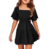 Batermoon Girls Summer Dress Square Neck Short Sleeve Crossover Waist Casual A-line Mini Dress