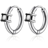 BIYONGDE Stainless Steel Silver Color Huggie Hoop Earrings with Solitaire Cubic Zirconia Stone, Small Hinged Hoops with Sparkling Square CZ Stone, Classic and Chic Design for Unisex