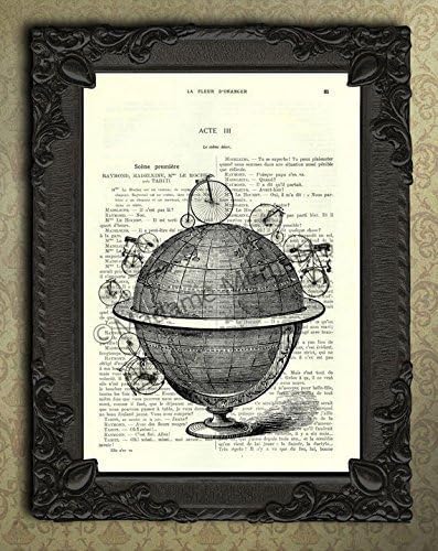 Around the world artwork, globe with bicycles dictionary art print