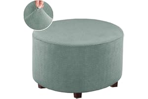 VIENLOVE Round Ottoman Slipcover Polyester Blend Footstool Protector Covers Stretch with Elastic Bottom Feature Textured Machine Washable Jacquard Fabric (Sage, Medium Size)