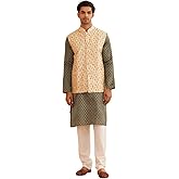 Sojanya (Since 1958 Men'S Silk Blend Self Design Dark Green Kurta With Pyjama & Beige Nehru Jacket
