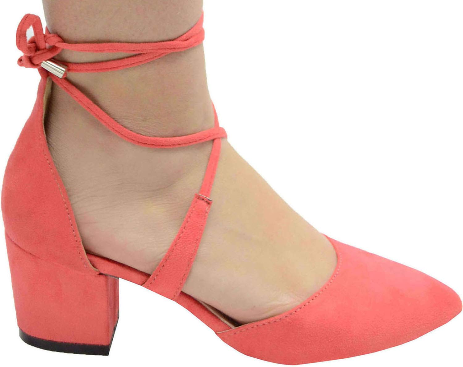 Chase & Chloe Women's Closed Pointed Toe Crisscross Lace-Up Ankle Tie Chunky Block Mid Heel Pump (5.5 B(M) US, Coral… - Image 3