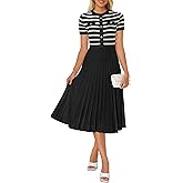 ZESICA Women's 2026 Casual Striped Midi Dress Crewneck Short Sleeve Button Ribbed Knit Swing Pleated A Line Dresses