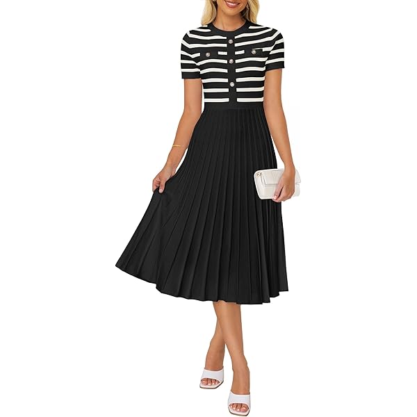 ZESICA Womens Long Sleeve Striped Midi Dresses Crewneck Button Ribbed Knit Pleated A Line Swing Sweater Dress,Dark Blue,Small at Amazon Women's Clothing store ZESICA Womens Long Sleeve Striped Midi Dresses Crewneck Button Ribbed Knit Pleated A Line Swing Sweater Dress,Dark Blue,Small at Amazon Women's Clothing store