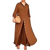 CHICME Womens 2 Piece Casual Outfits Long Sleeve Button Down Longline Shirt and Wide Leg Pants Set Lounge Set