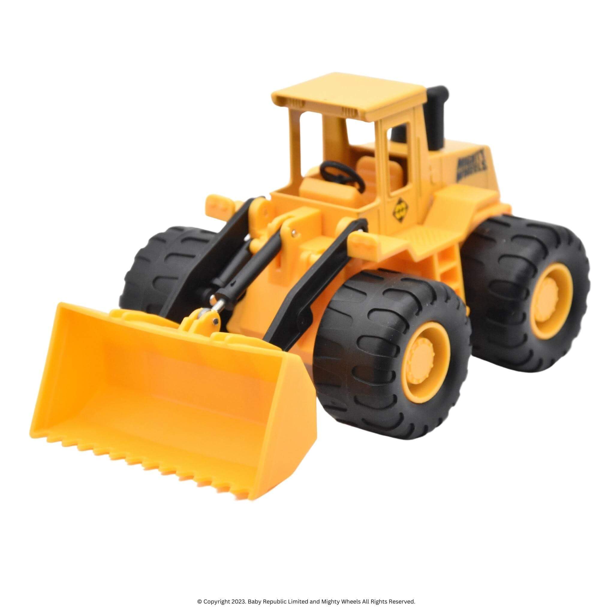 Mighty Wheels Steel Front Loader Truck - Free-wheeling Excavator with Movable Scoop - Durable Steel and Plastic Digger - Construction Toy for 3+ Year Olds
