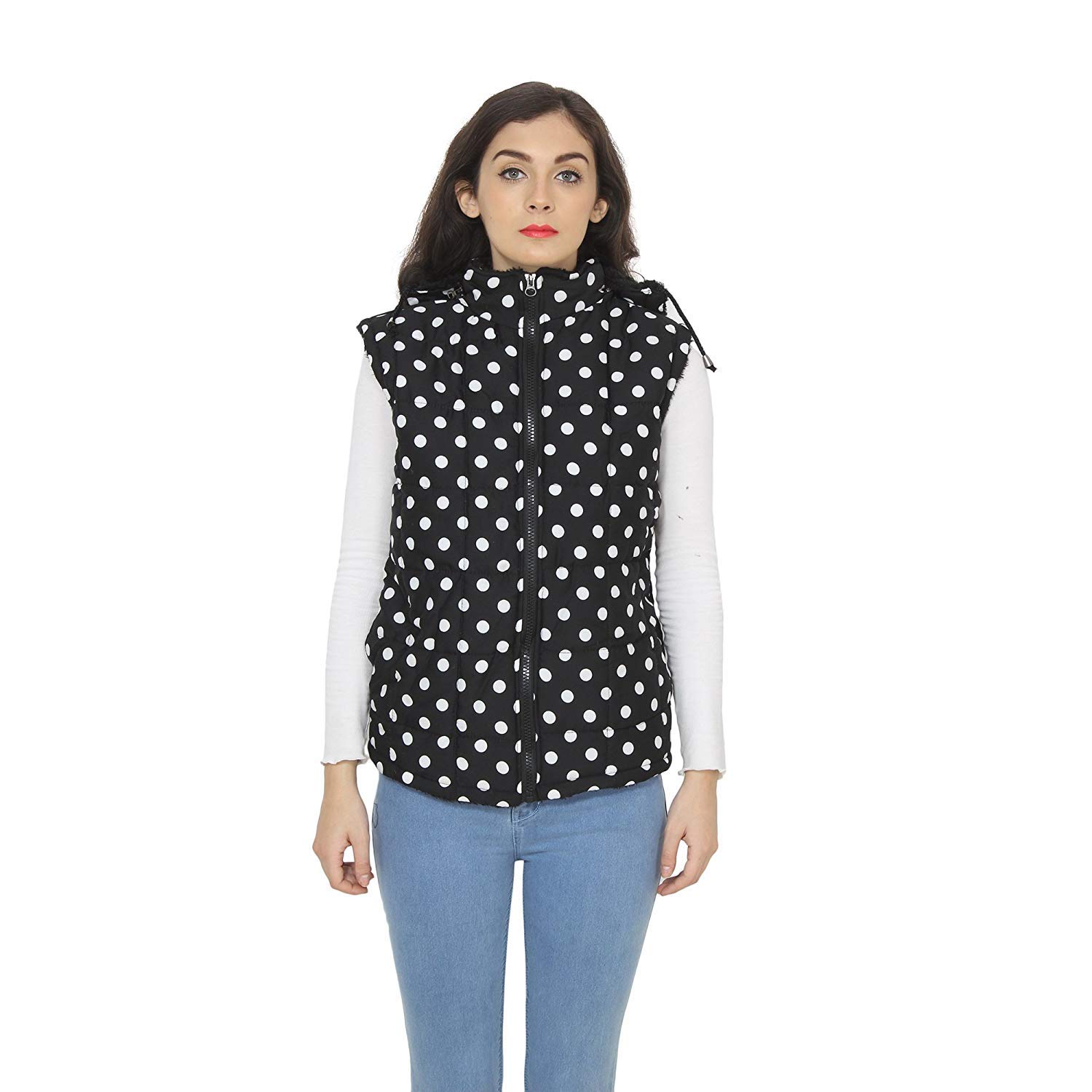 my swag women's polka dot crepe sleeveless quilted hooded jacket