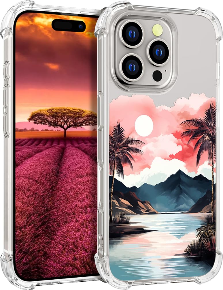 Topgraph Compatible with Iphone 16 Pro Case Designer Cute Clear For Women,Transparent Phone Cover Case Design (Sea Sunset Palm Tree Scene Beach Sky)