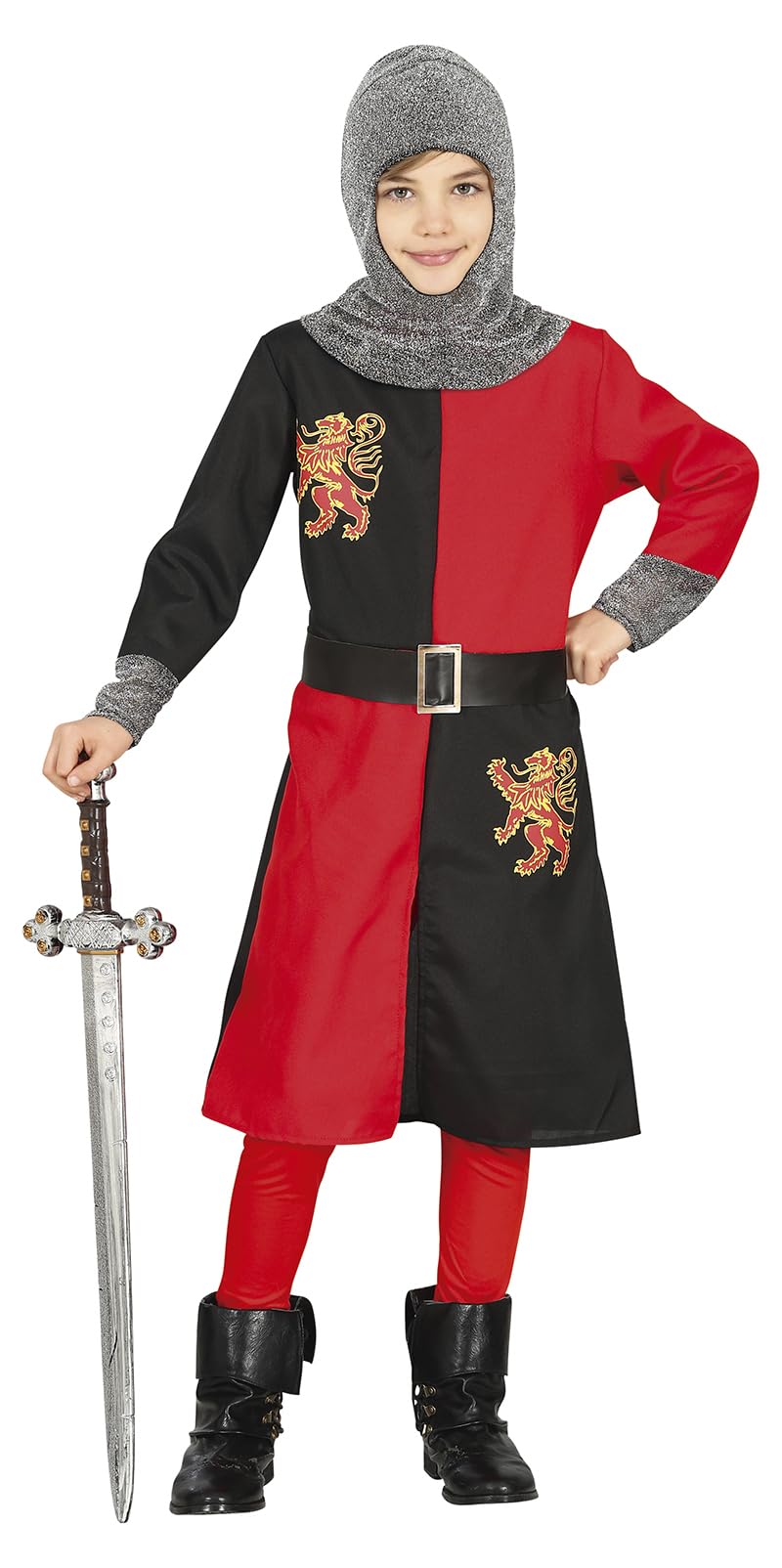 FIESTAS GUIRCA Medieval Knight Boy Fancy Dress Costume - Red and Black Warrior for Children 7-9 Years
