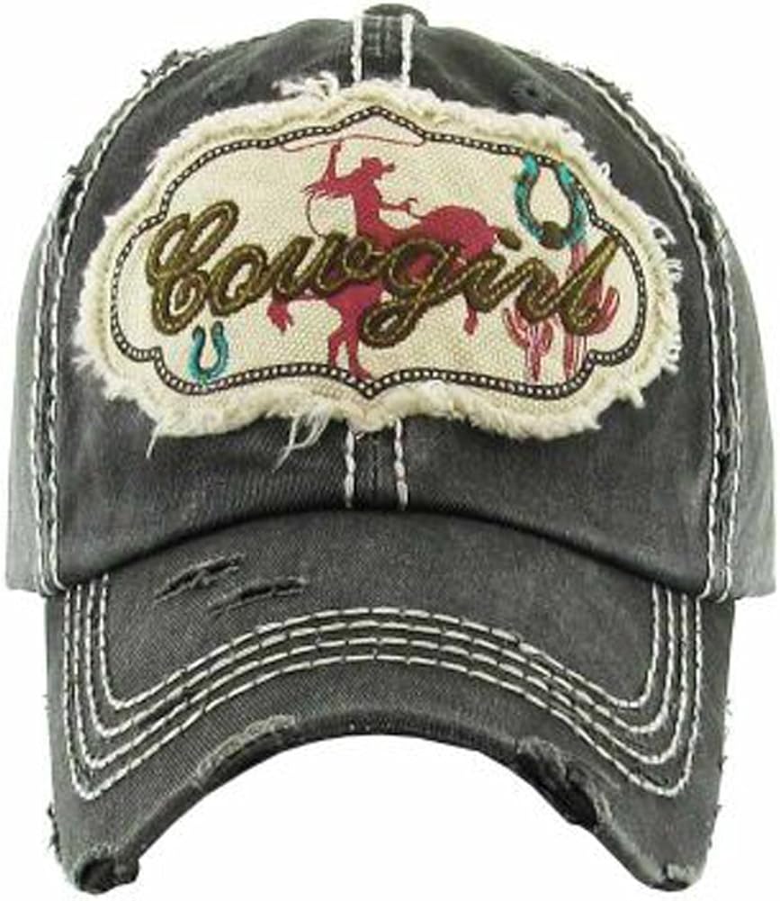 Women's Cowgirl Distressed Vintage Baseball Hat (Black) at Amazon Women