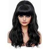 Rugelyss Long Wavy Black Wig with Bang Big Bouffant Beehive Wigs for Women fits 80s Costume or Halloween Party